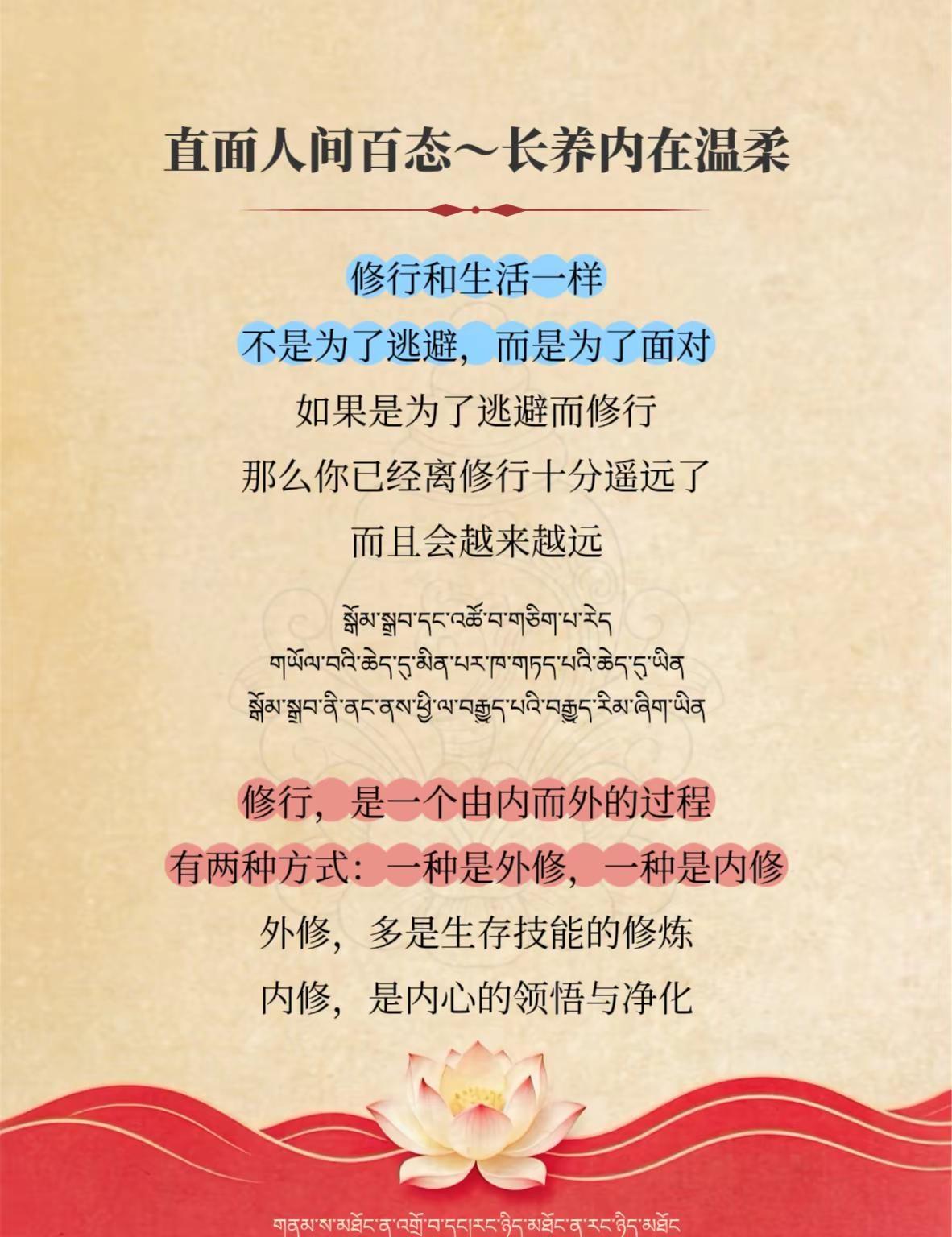 修行从不是逃避生活，而是坦然直面所有境遇，外修本领谋生，内修本心静心，温柔接纳世