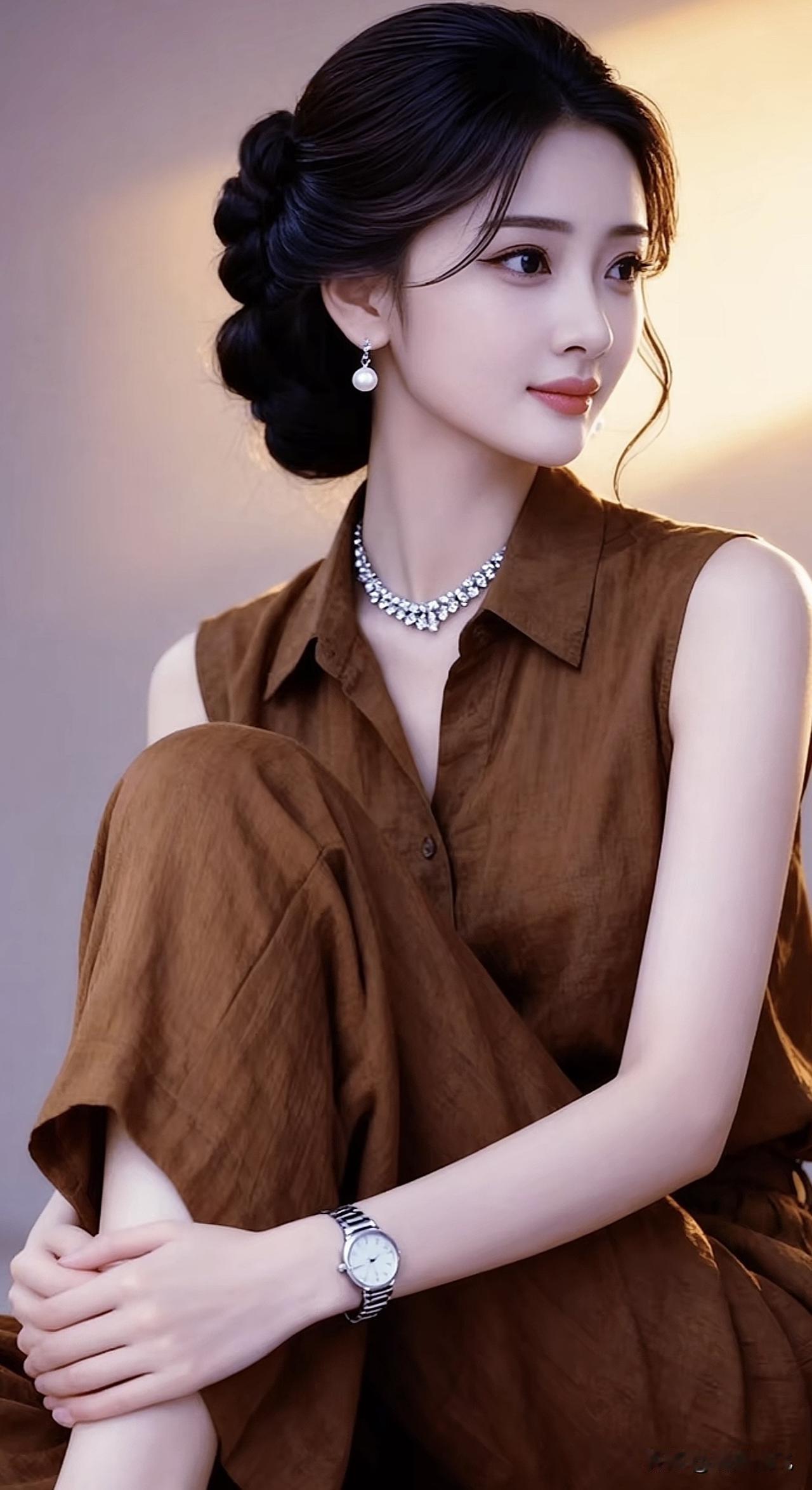 优雅复古风，珍珠项链与棕色连衣裙的完美搭配，尽显女性魅力。碎花裙搭配项链 黑裙珍