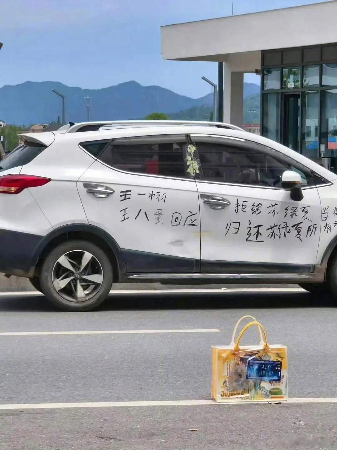 鞠婧祎粉丝在车上写字让王一栩出来回应 