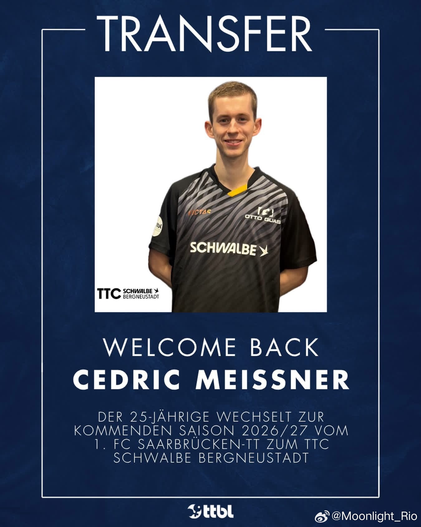 25岁的塞德里克·迈斯纳将在德甲2026/27赛季，从萨尔布吕肯1. FC乒乓球