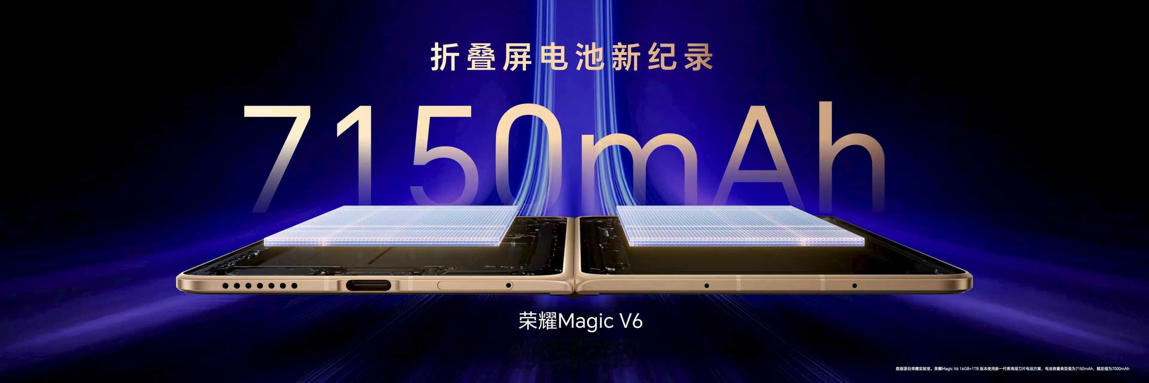 荣耀Magic V6 所搭载的新一代青海湖刀片电池，电池容量来到了7150mAh