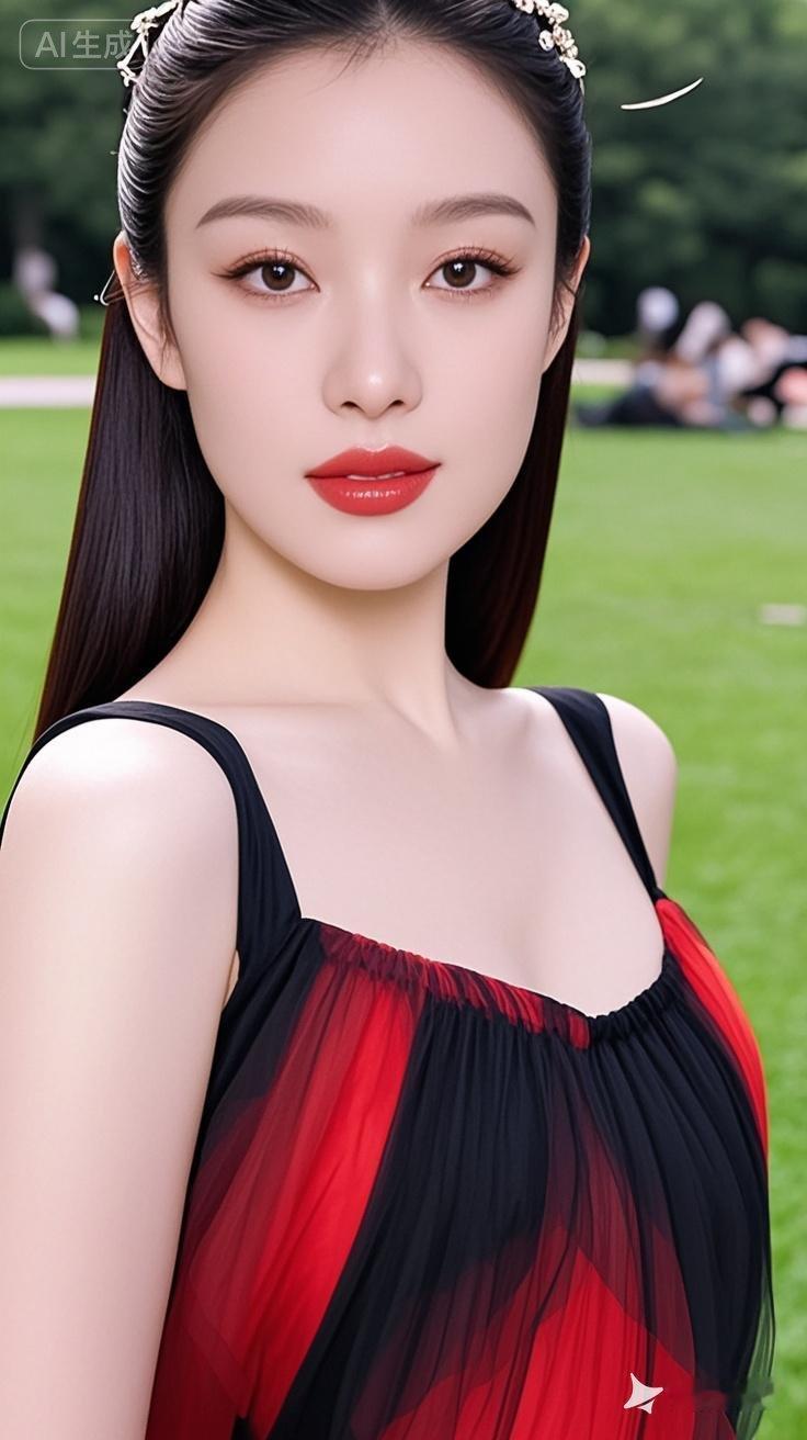 优雅红黑连衣裙，夏日公园的美丽瞬间
