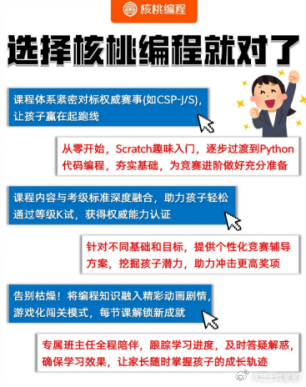 核桃编程的赛级展服务很到位，赛事、考级、作品展示全覆盖，孩子的编程努力有认可、有