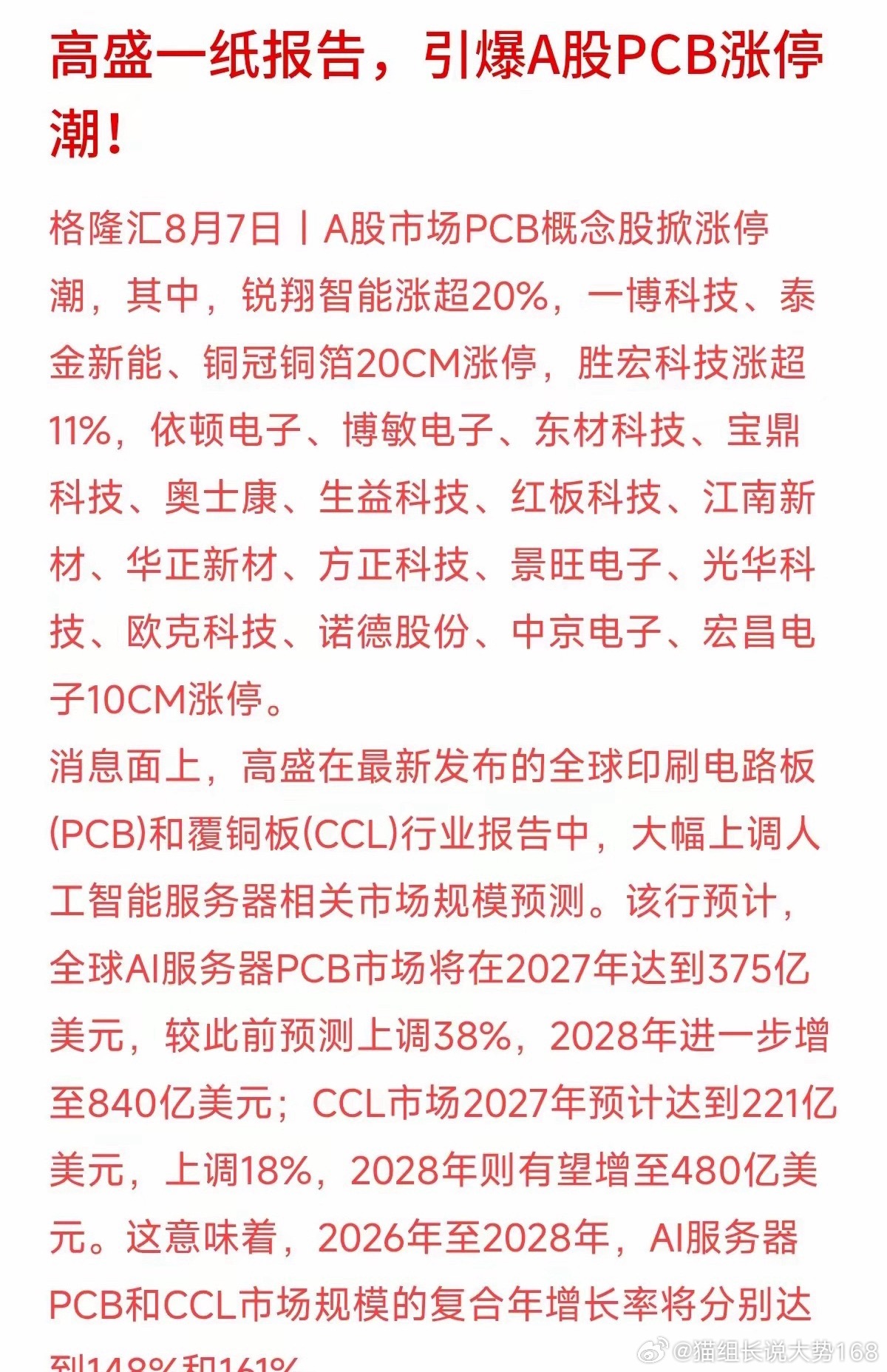 高盛研报引爆A股PCB板块，板块集体走强！锐翔智能大涨超20%，十余只个股收获涨