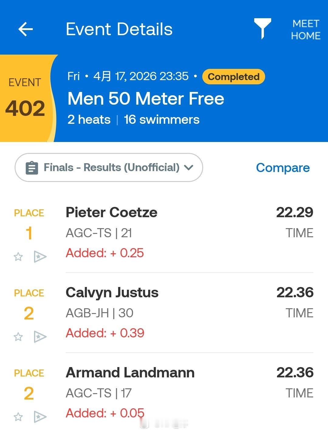 南非游泳锦标赛 第四天决赛男50蛙：Chris Smith 26.68男50自：