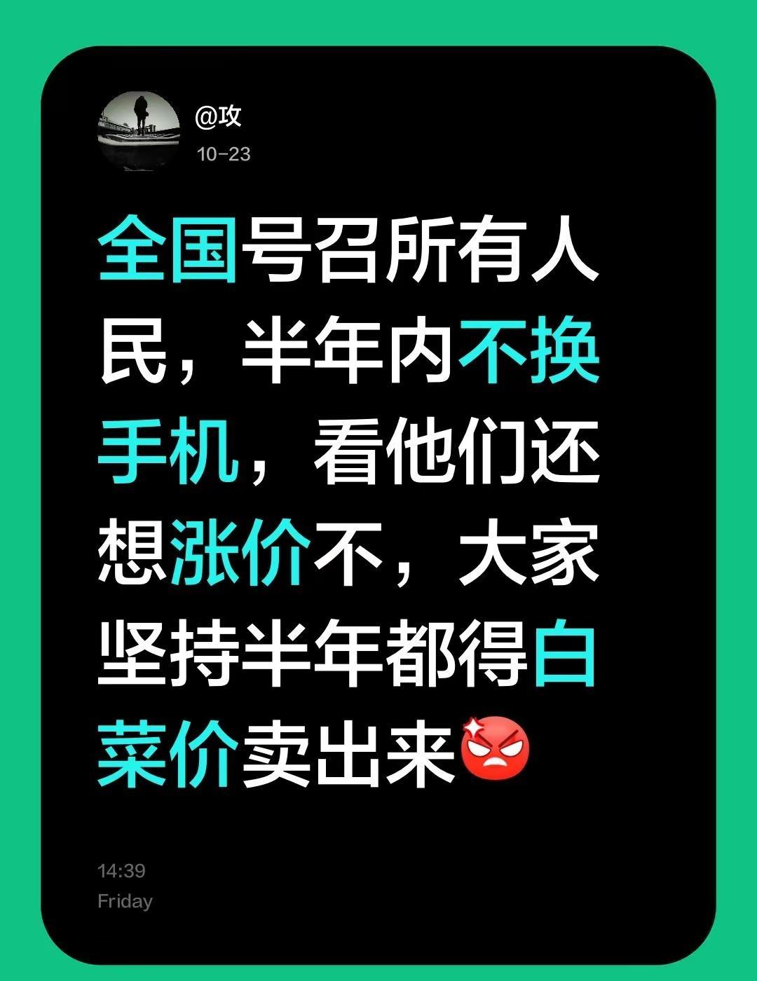 我看到现在全国不少人都在号召，半年内大家都先不换新手机，看看厂商还怎么涨价。要是