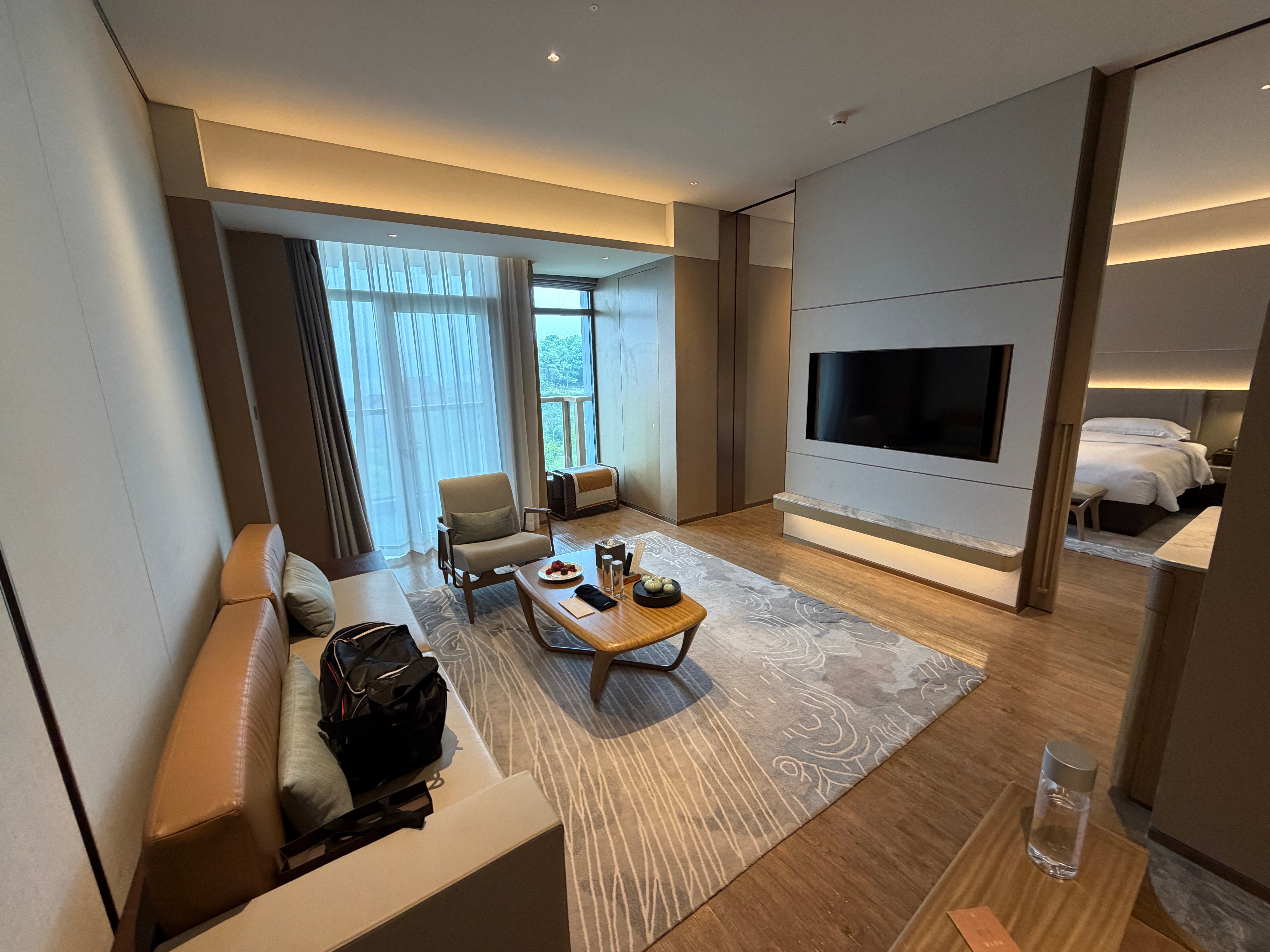 今天入住宁波东钱湖望岚酒店还是个套房，整体还不错，希望晚上能睡得踏实点。无论什么