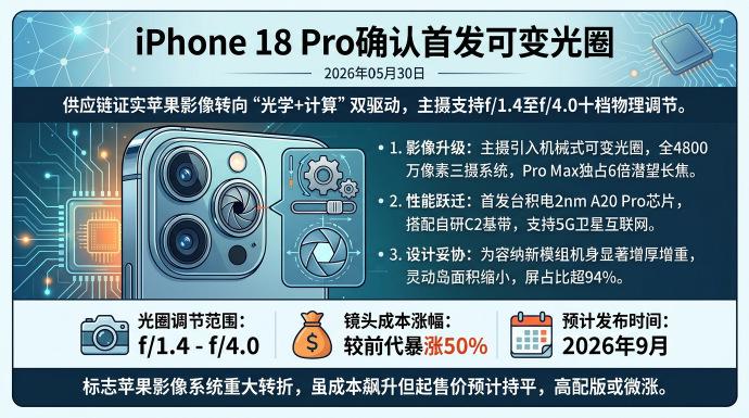 果粉狂喜！iPhone18Pro相机终于站起来了
因为众所周知的原因，苹果这代新