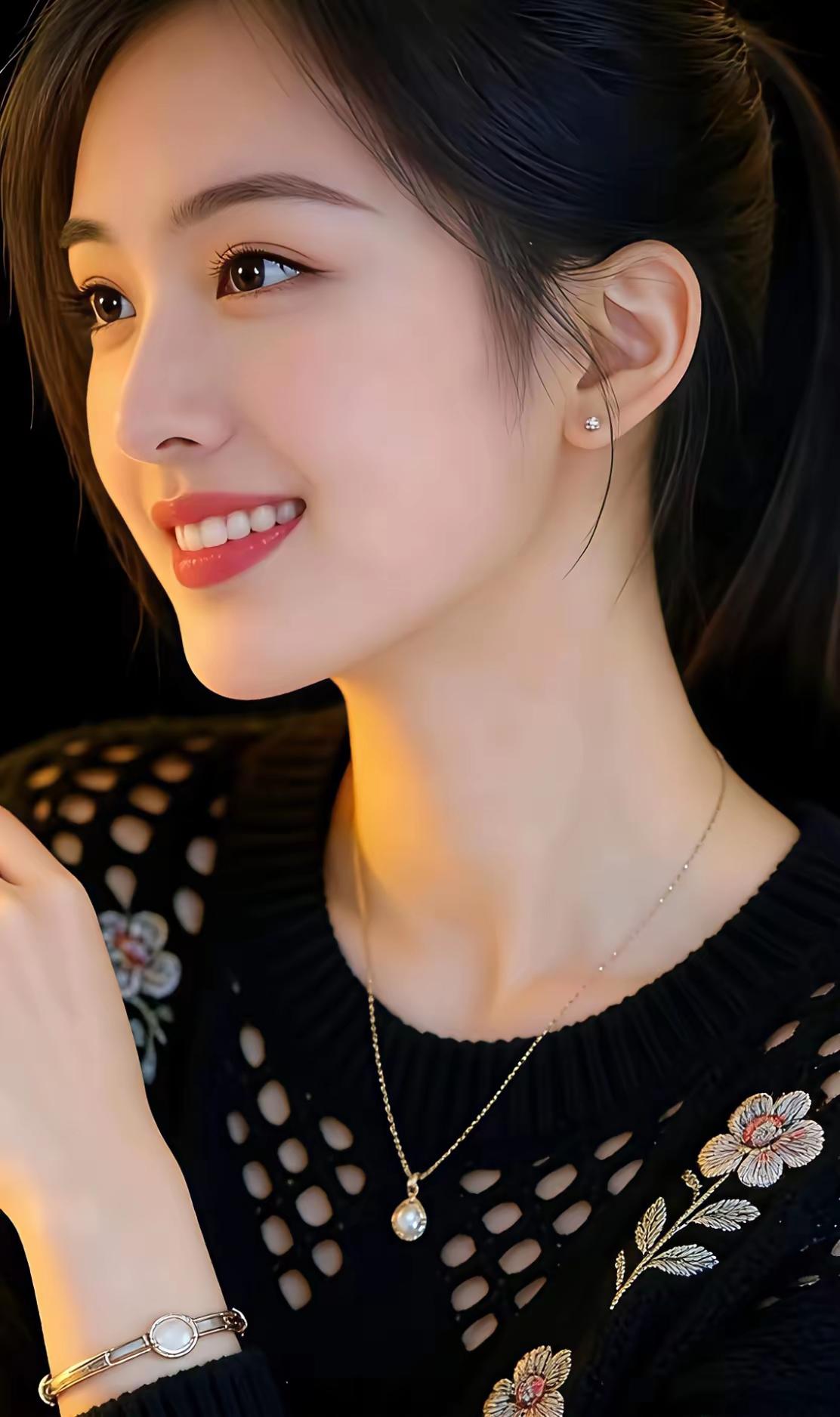 温柔甜美的微笑配上黑色蕾丝花边毛衣，再加上闪耀的耳环和项链，这画面简直优雅动人到