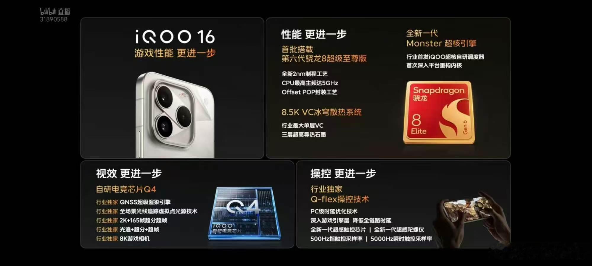 iQOO16核心配置，搭载第六代骁龙8超级至尊版，搭配首发自研电竞芯片Q4，内存