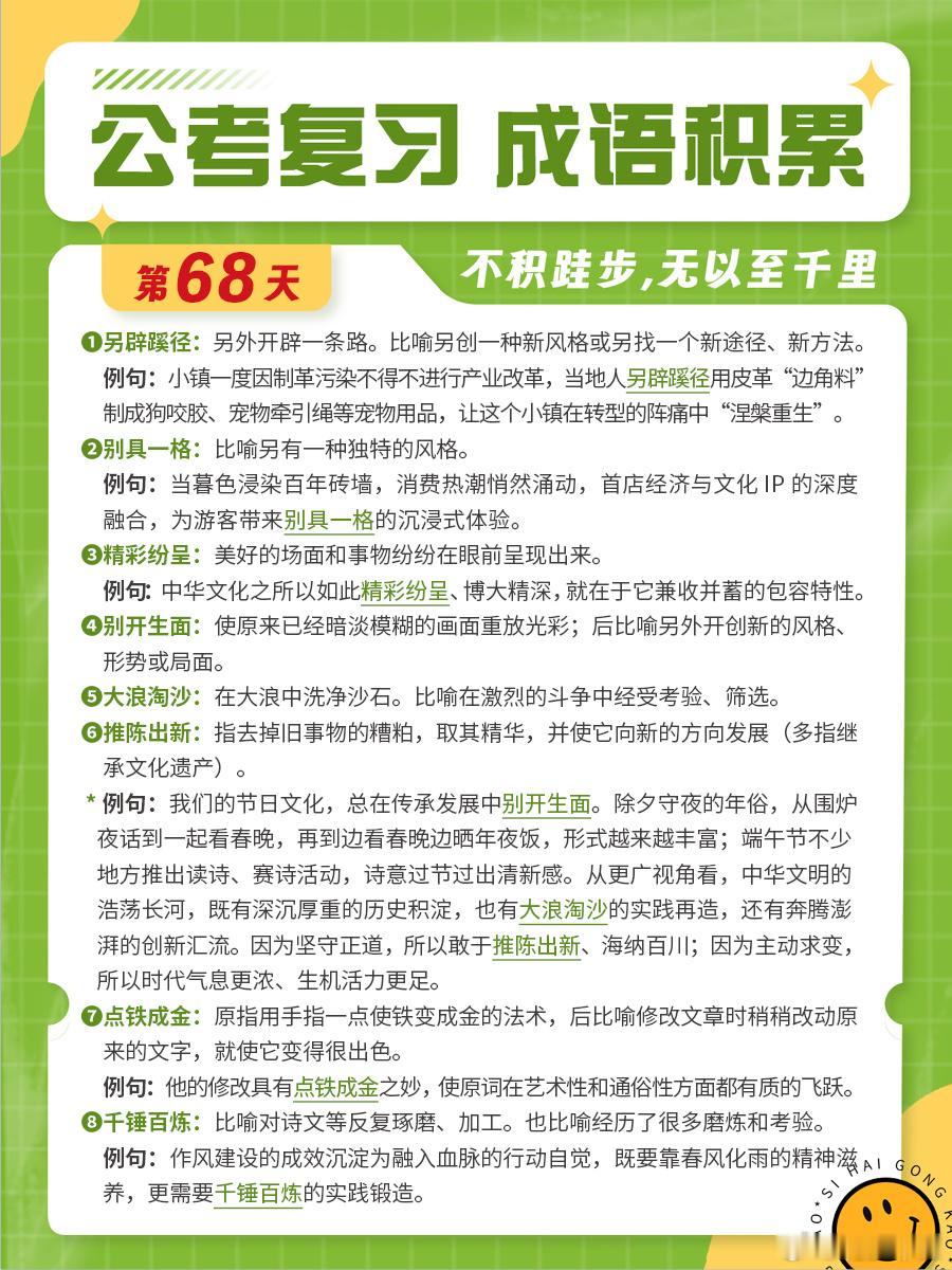 成语积累第六十八天另辟蹊径 别具一格 精彩纷呈 别开生面大浪淘沙 推陈出新 点铁