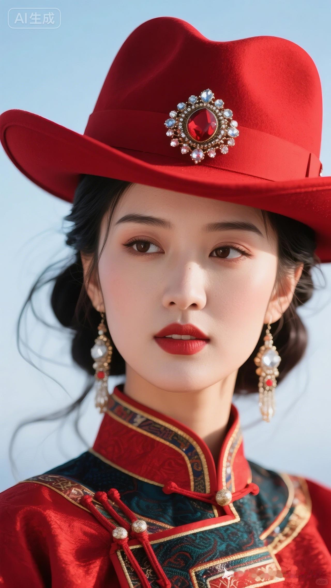 复古旗袍与现代牛仔帽的完美碰撞，时尚与优雅的完美融合。