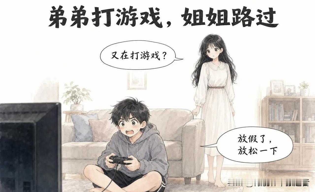 趣味漫画：弟弟打游戏，姐姐路过。姐姐：“又在打游戏？”弟弟：“放假了，放松一下。