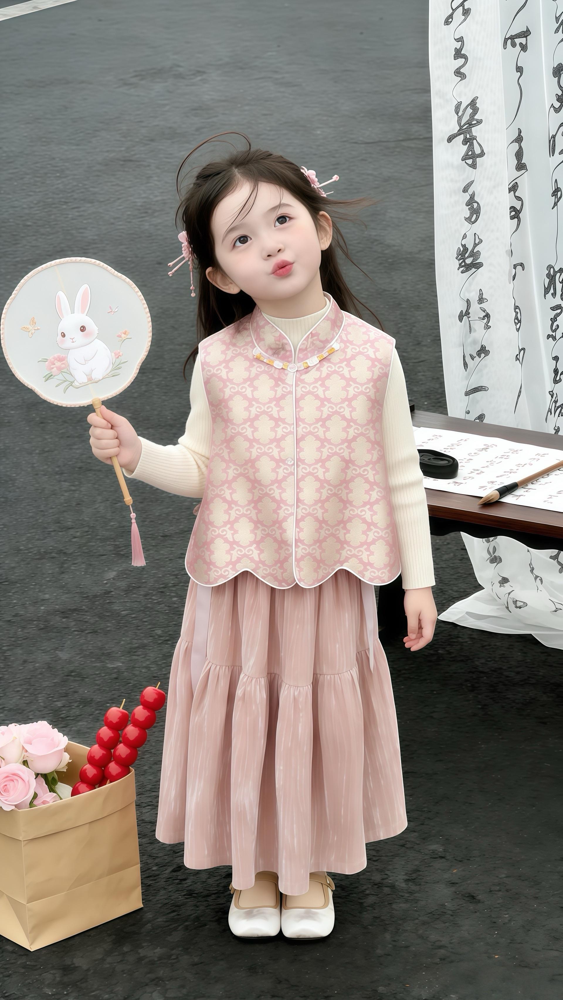女童国风套装美到犯规！粉色新中式，提花马甲+百褶裙的组合，灵动又可爱～...