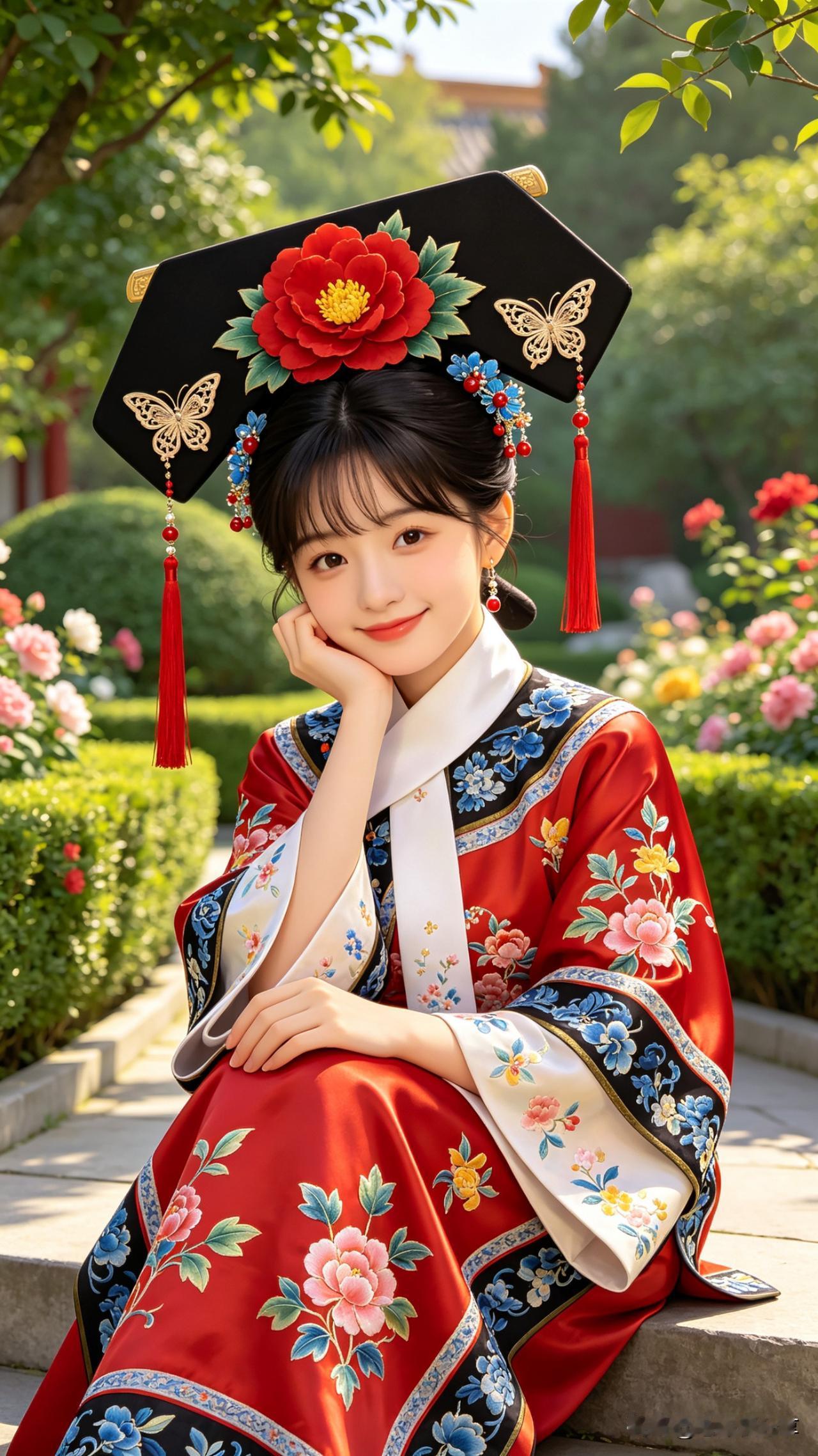 鹧鸪天·旗装少女

赤缎裁云绣牡丹，金蝶翩跹缀云鬟。
朱缨垂耳摇春色，素领围香衬