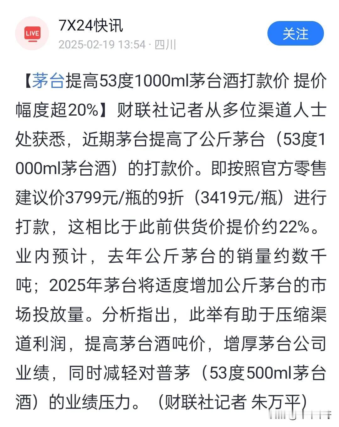 茅台53度公斤装提价了

对于喝茅台的人来说，这没什么太大的影响，要喝的人涨价了