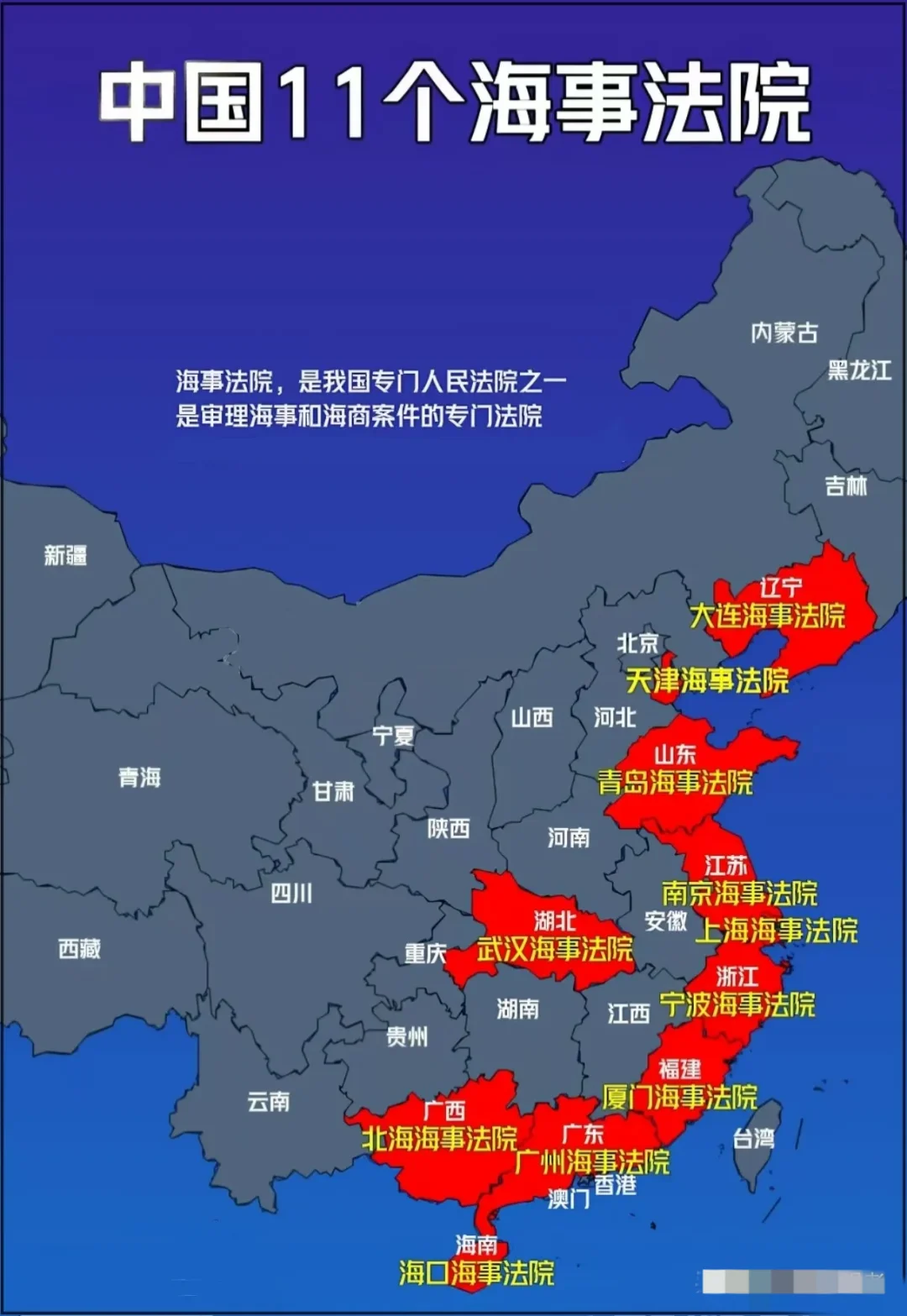 全国11个海事法院只有武汉海事法院不是沿海