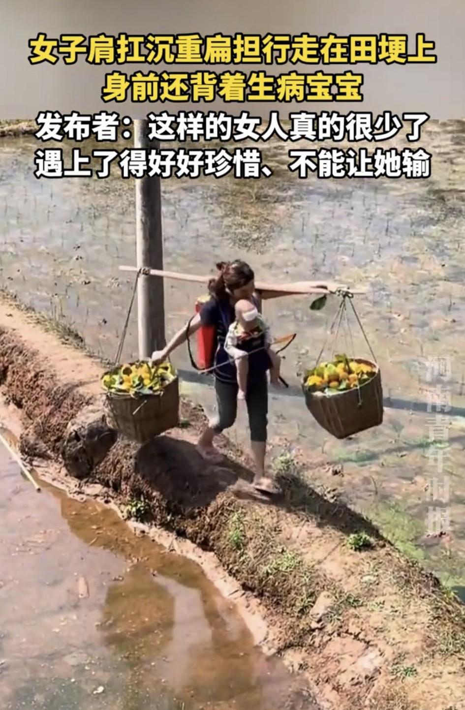 四川，一网友无意间在乡道田间看到，一位年轻妈妈肩扛沉重扁担，背背喷雾器，身前还“