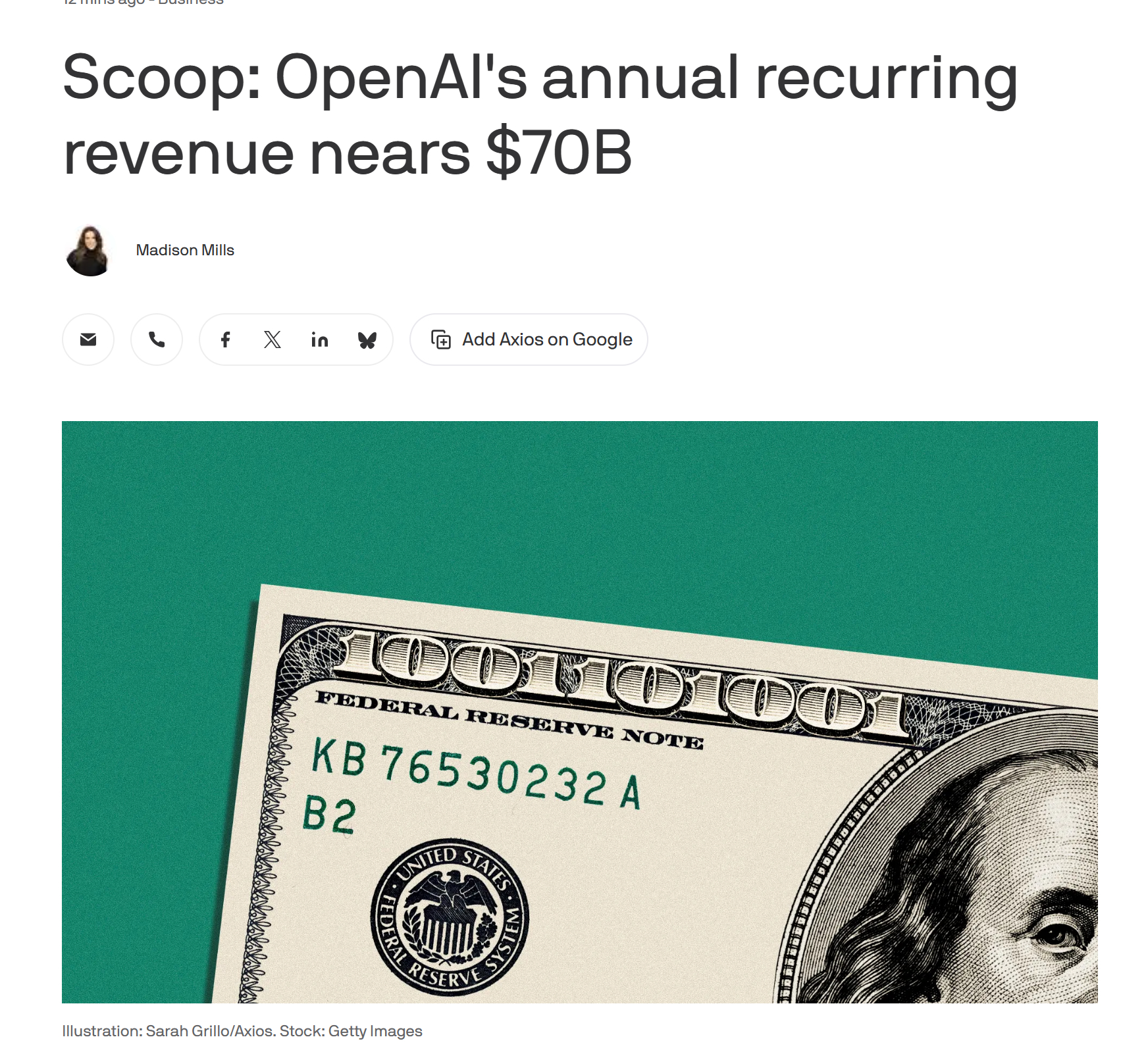 Axios 独家披露：自第三季度初以来，OpenAI 的年化收入运行率增长了 7