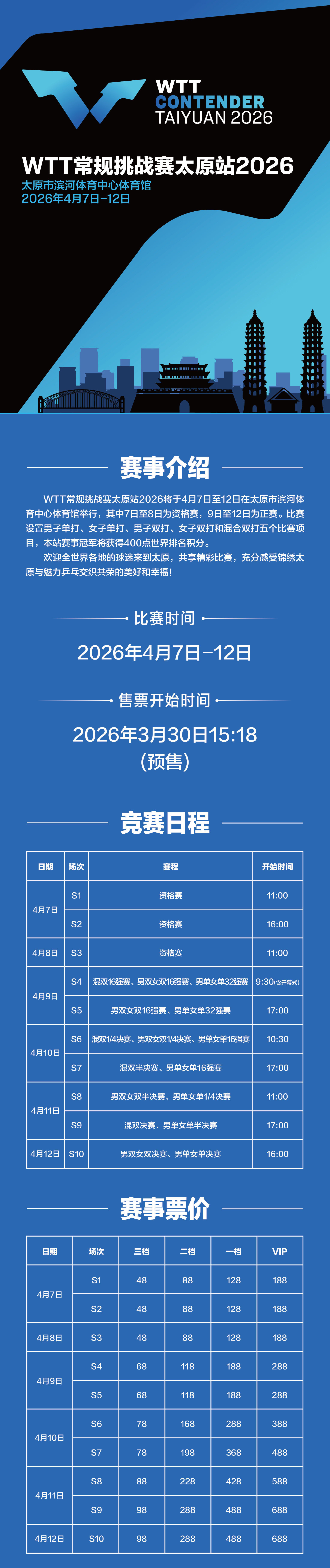 WTT常规挑战赛太原站丨售票信息【票价】48元-688元不等【开售时间】3月30