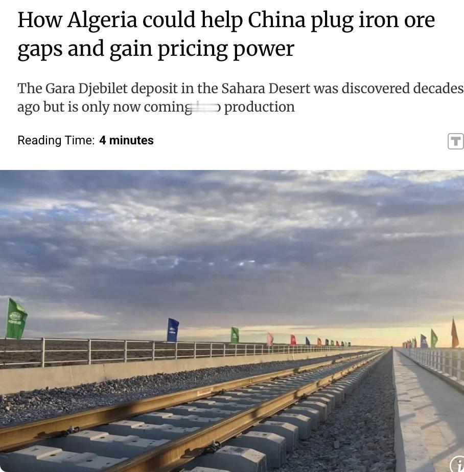 外媒：阿尔及利亚撒哈拉沙漠的加拉·杰贝莱特铁矿石矿在被发现数十年后即将投产。
