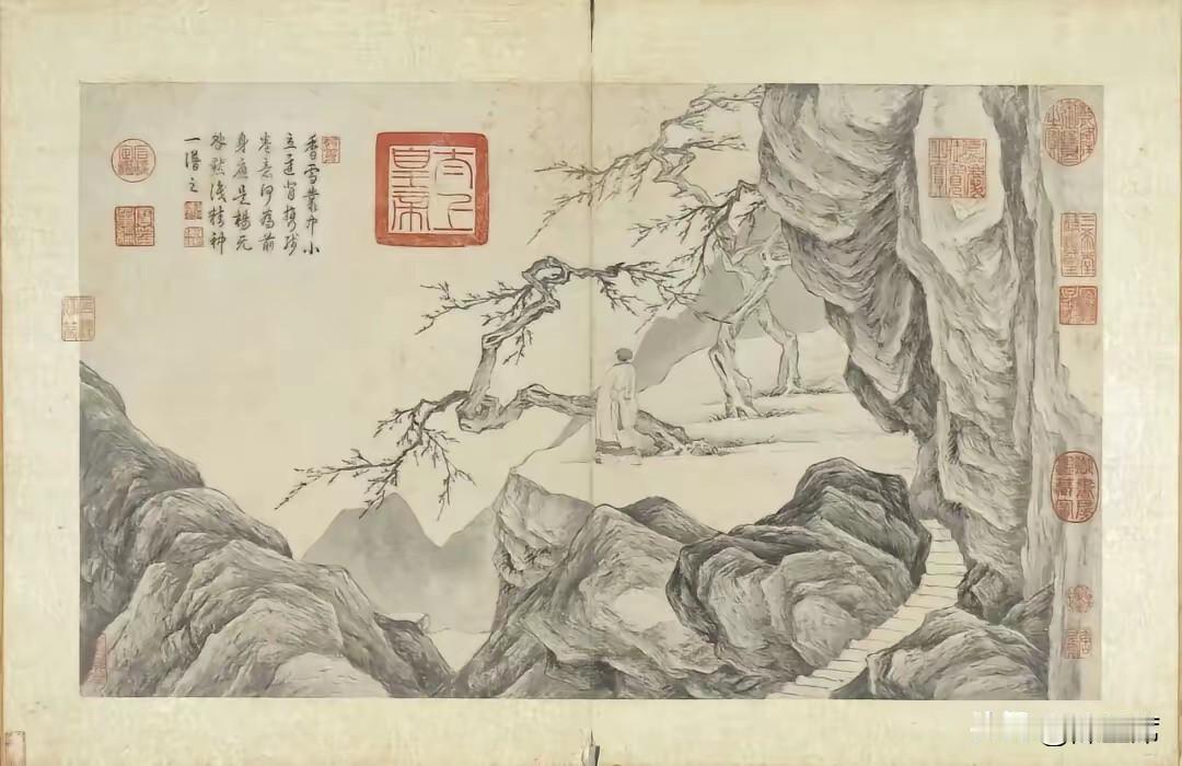 唐寅《山水人物册》：纸本十开，台北故宫藏，《石渠宝笈》著录，为唐寅传册。每开山水
