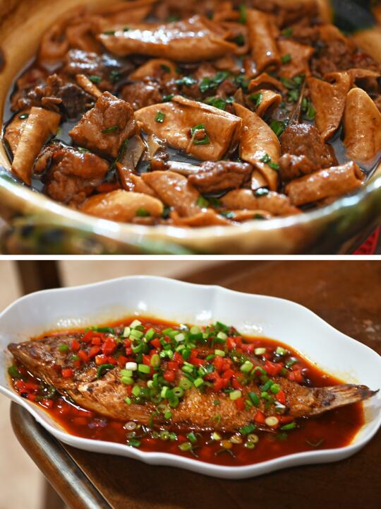 红烧臭鳜鱼 排骨烧豆笋 高瓜胡萝卜丝 南瓜