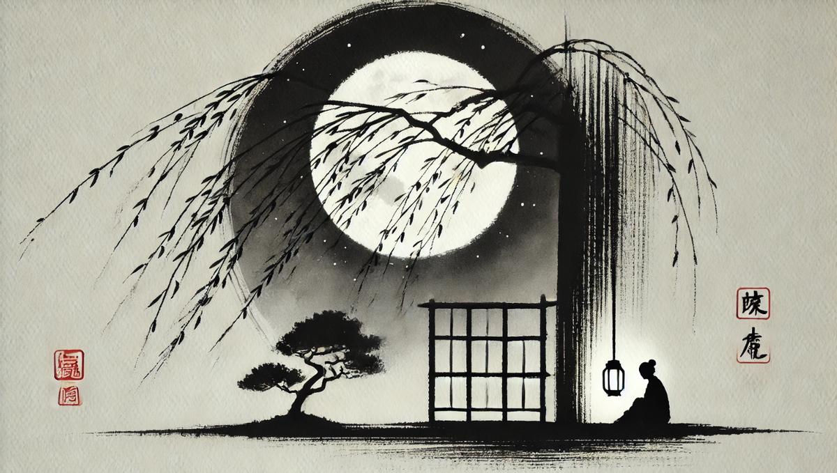 《夜思》
明月高悬照窗前，
微风拂柳影婆娑。
孤灯伴我思故里，
一一一一一一一？