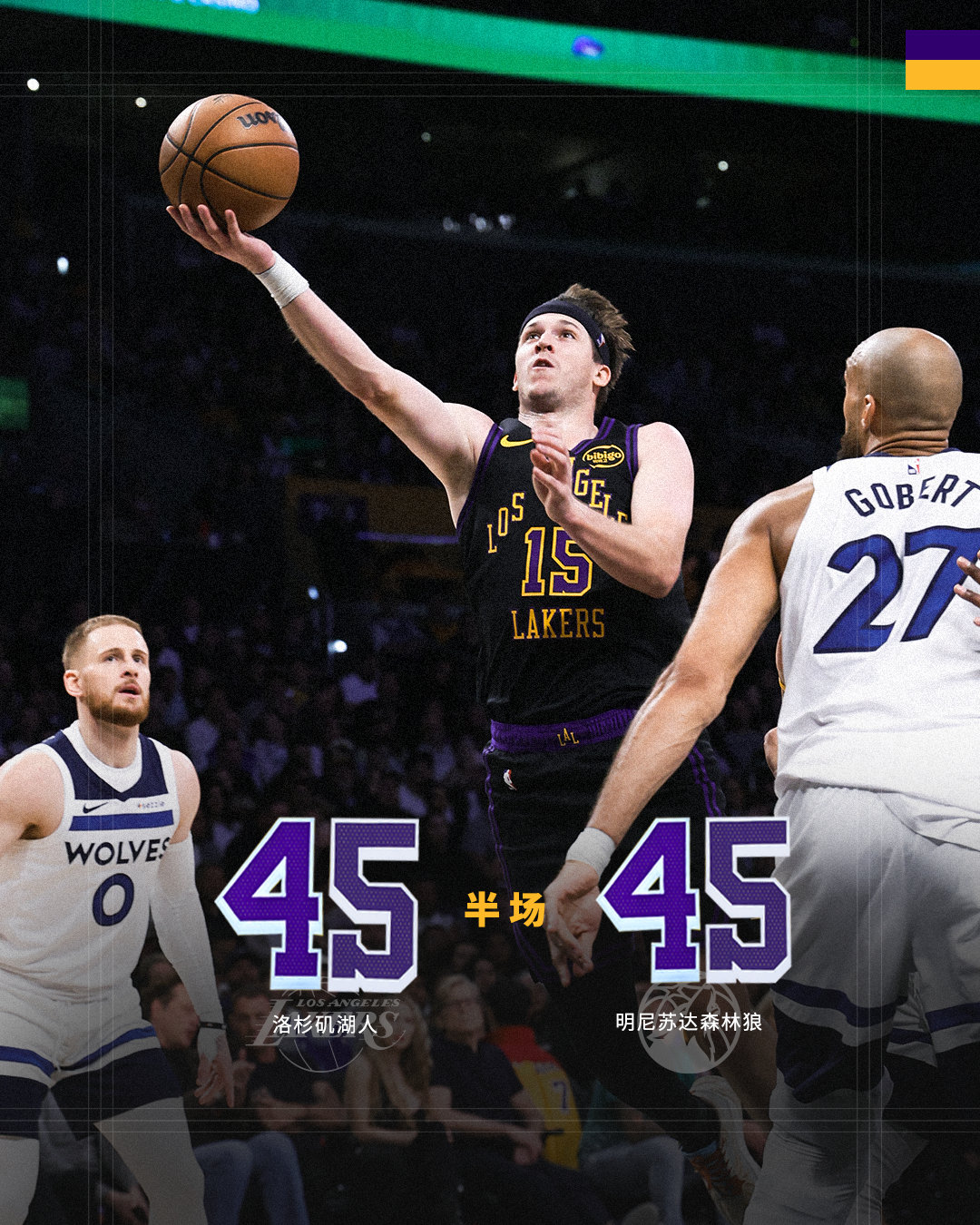 「森林狼vs湖人 | 半场🔚」湖人4️⃣5️⃣ - 4️⃣5️⃣森林狼我们在第