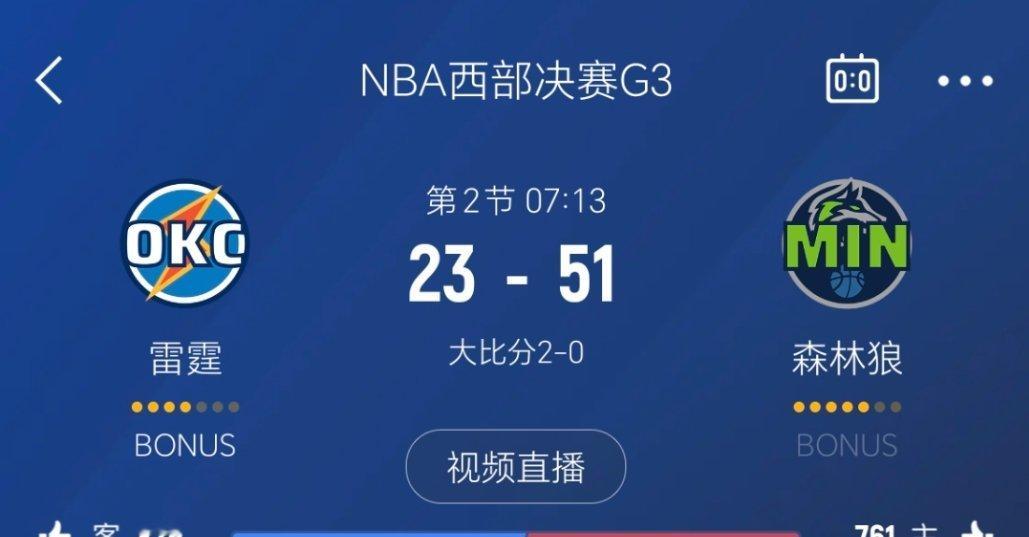 进入暂停，森林狼领先28分。森林狼vs雷霆 ​​​
