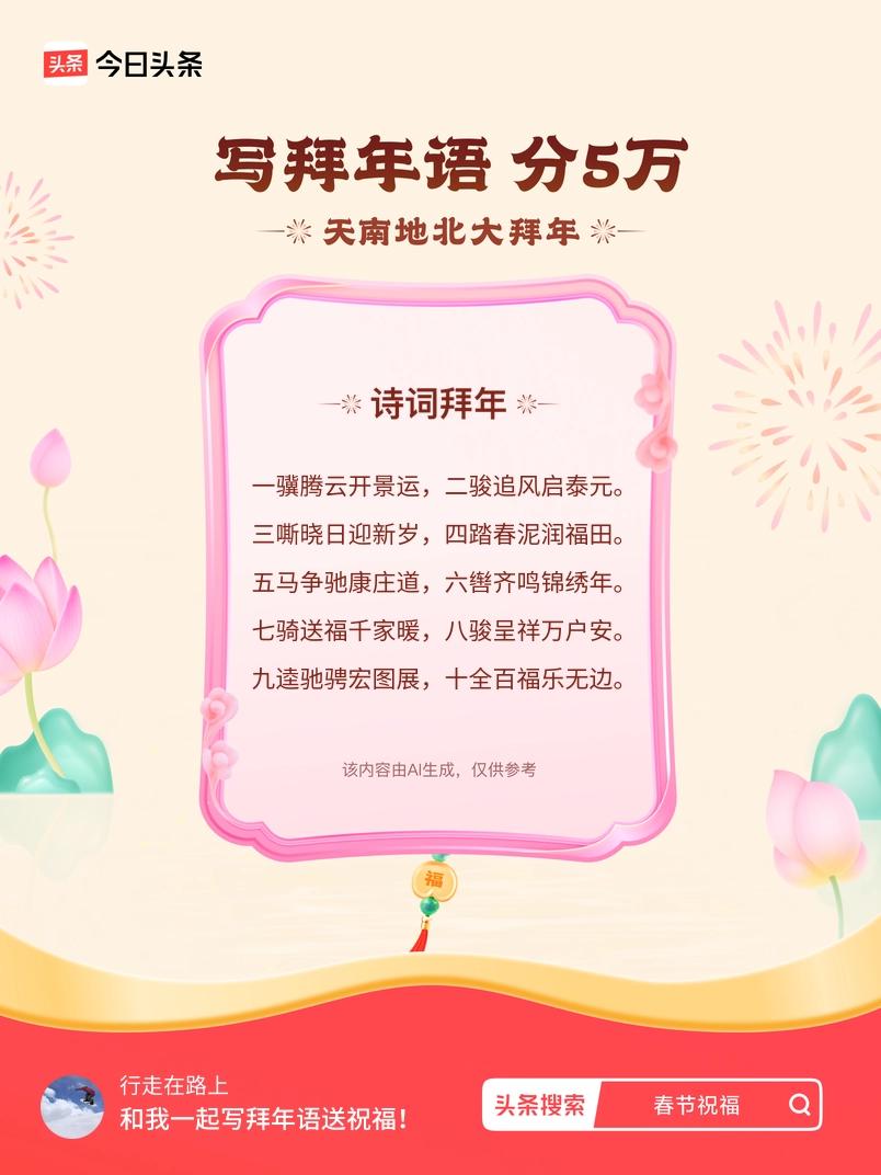 写拜年语送祝福新春拜年送祝福！我的祝福是：“一骥腾云开景运，二骏追风启泰元。三嘶