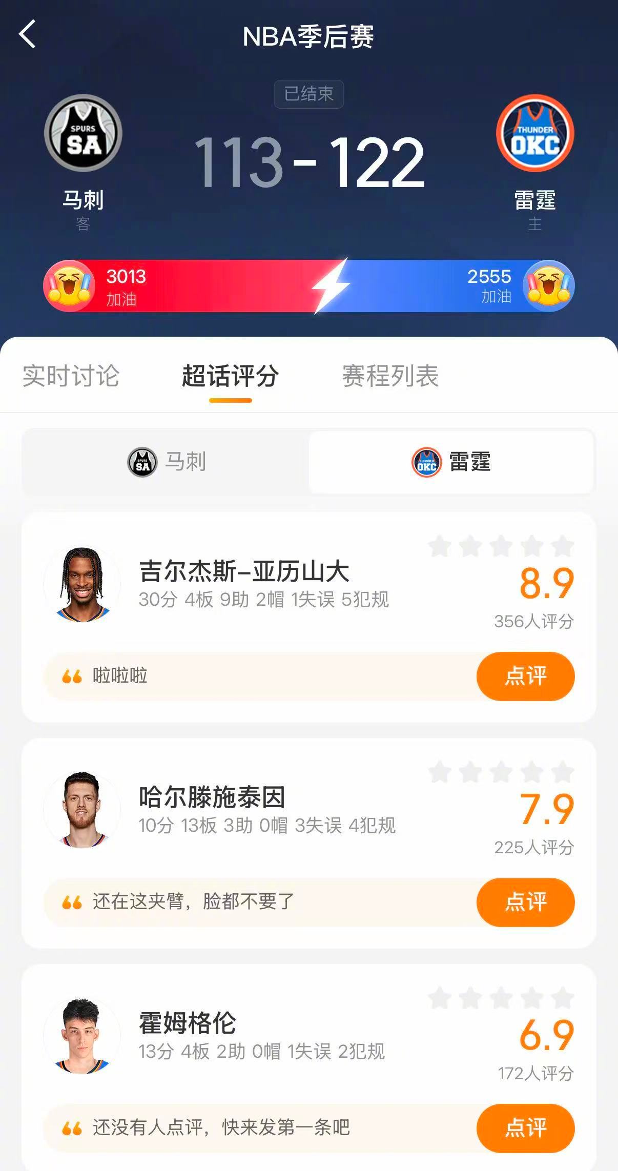 雷霆1比1马刺雷霆马刺打的太惨烈了 雷霆122-113战胜马刺，系列赛1-1。亚