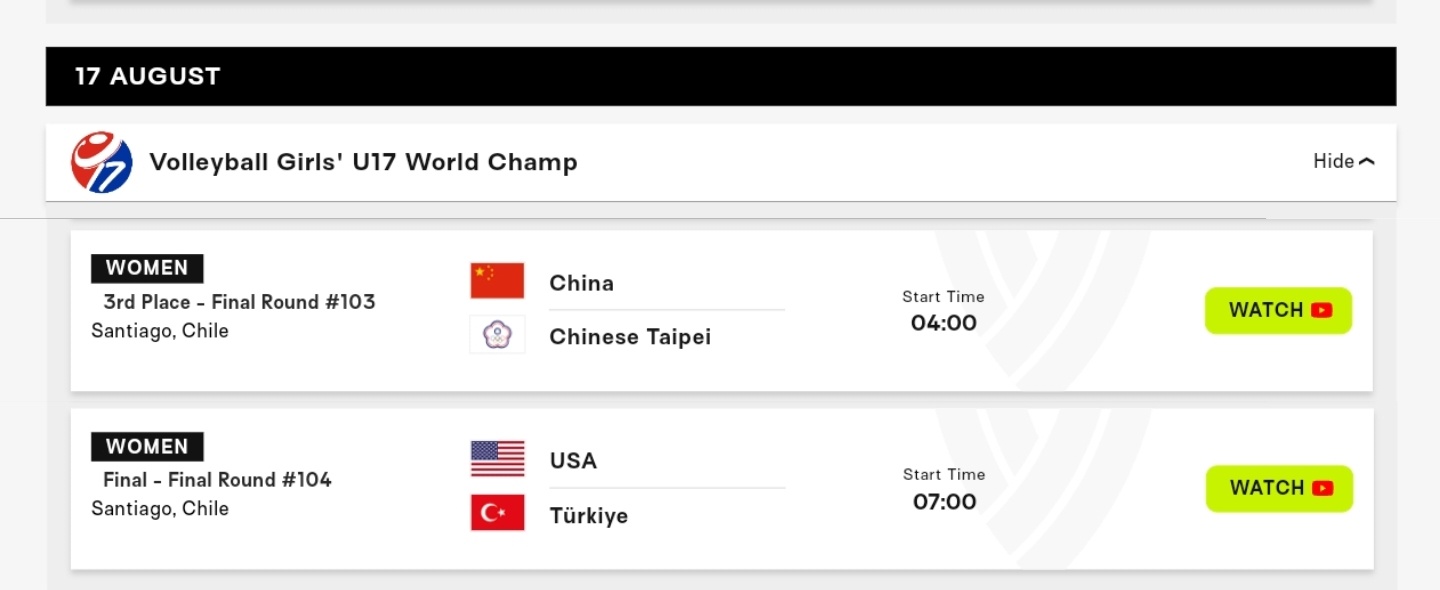 -【2026年U17女排世锦赛奖牌争夺战】8月17日04:00中国vs中国台北(