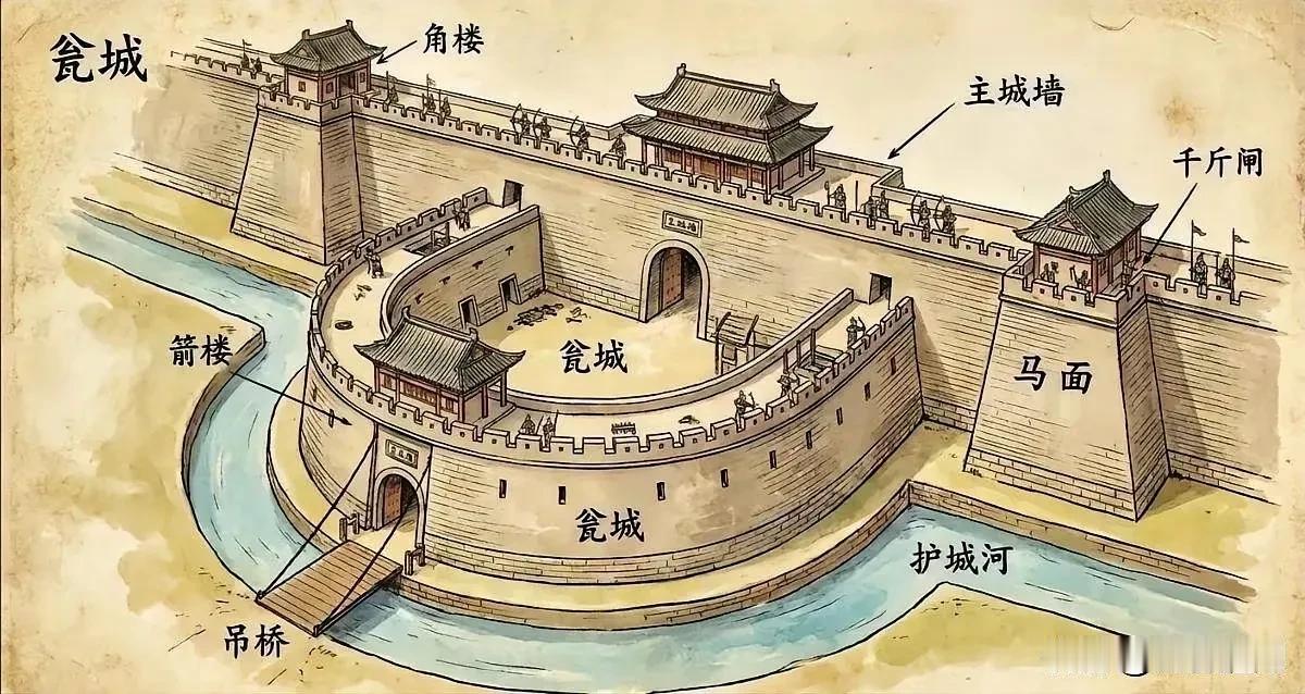 这幅图展示了一座古代瓮城的结构，其设计精巧，易守难攻，充分体现了古代军事防御的智