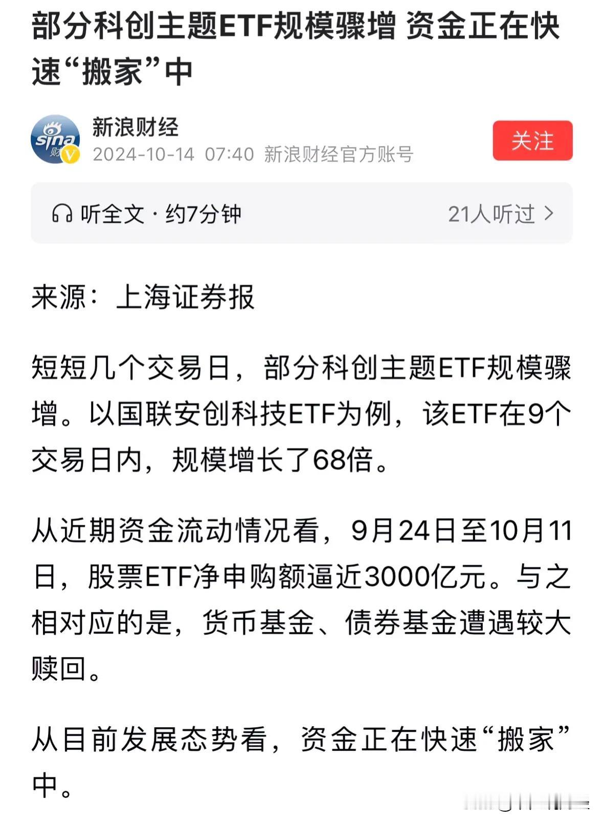 重大利好消息货币基金和债券基金流入科创板，坚定持仓到牛市结束：2024年10月1
