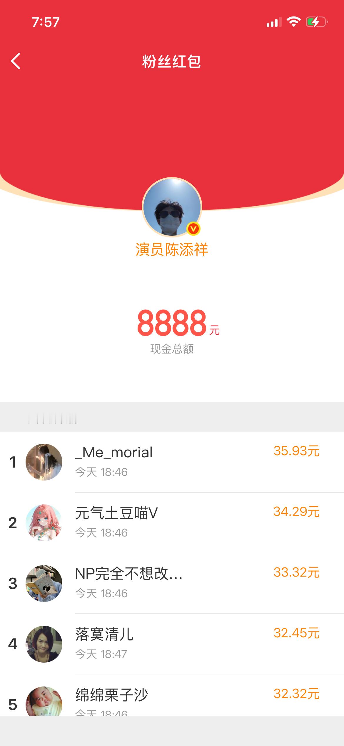 30分钟，陈添祥哐哐哐三个红包🧧🧧🧧：8888+6666+8888。虽然一