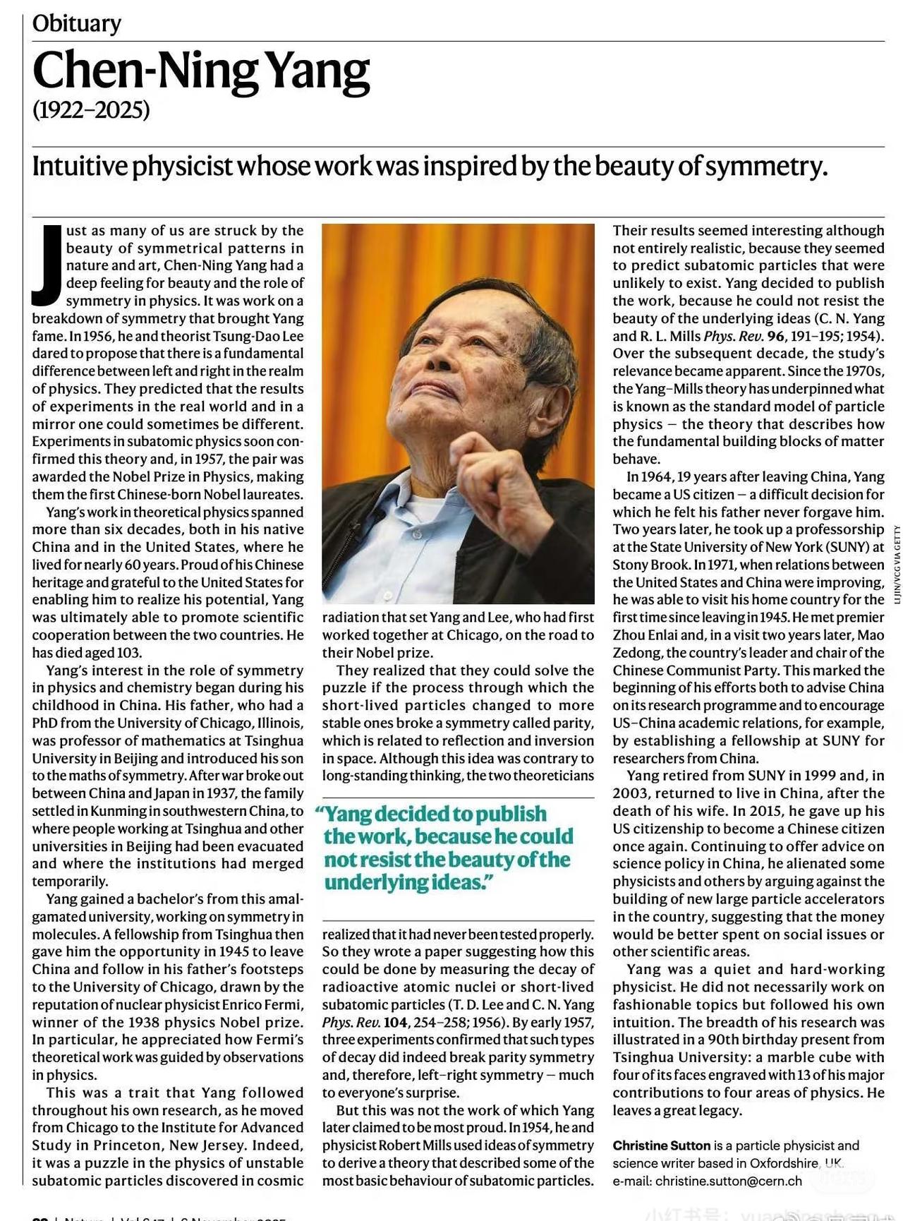 看到《自然》杂志上登文章回顾了杨振宁先生的一生 ​