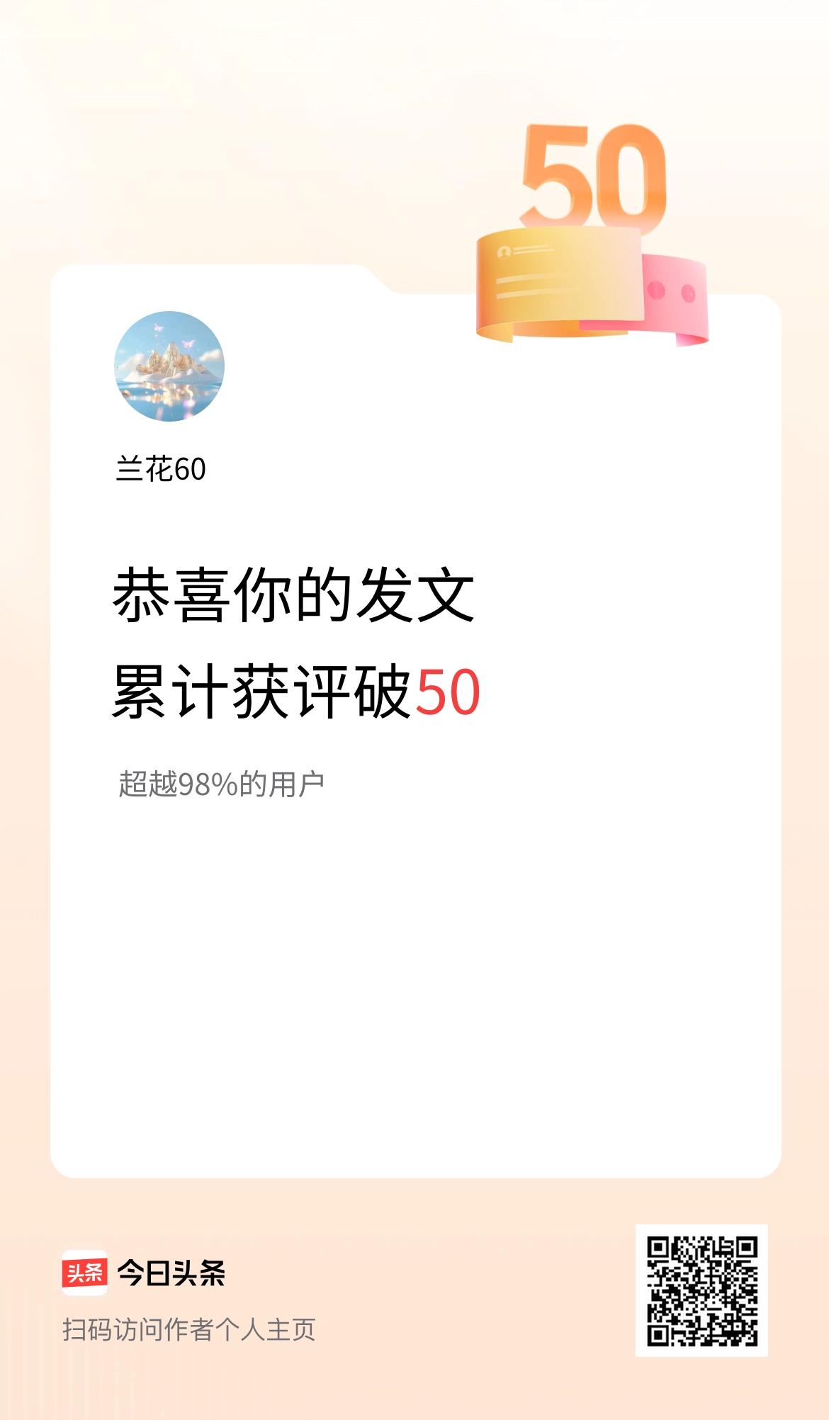 我在头条累计获评论量破50啦！