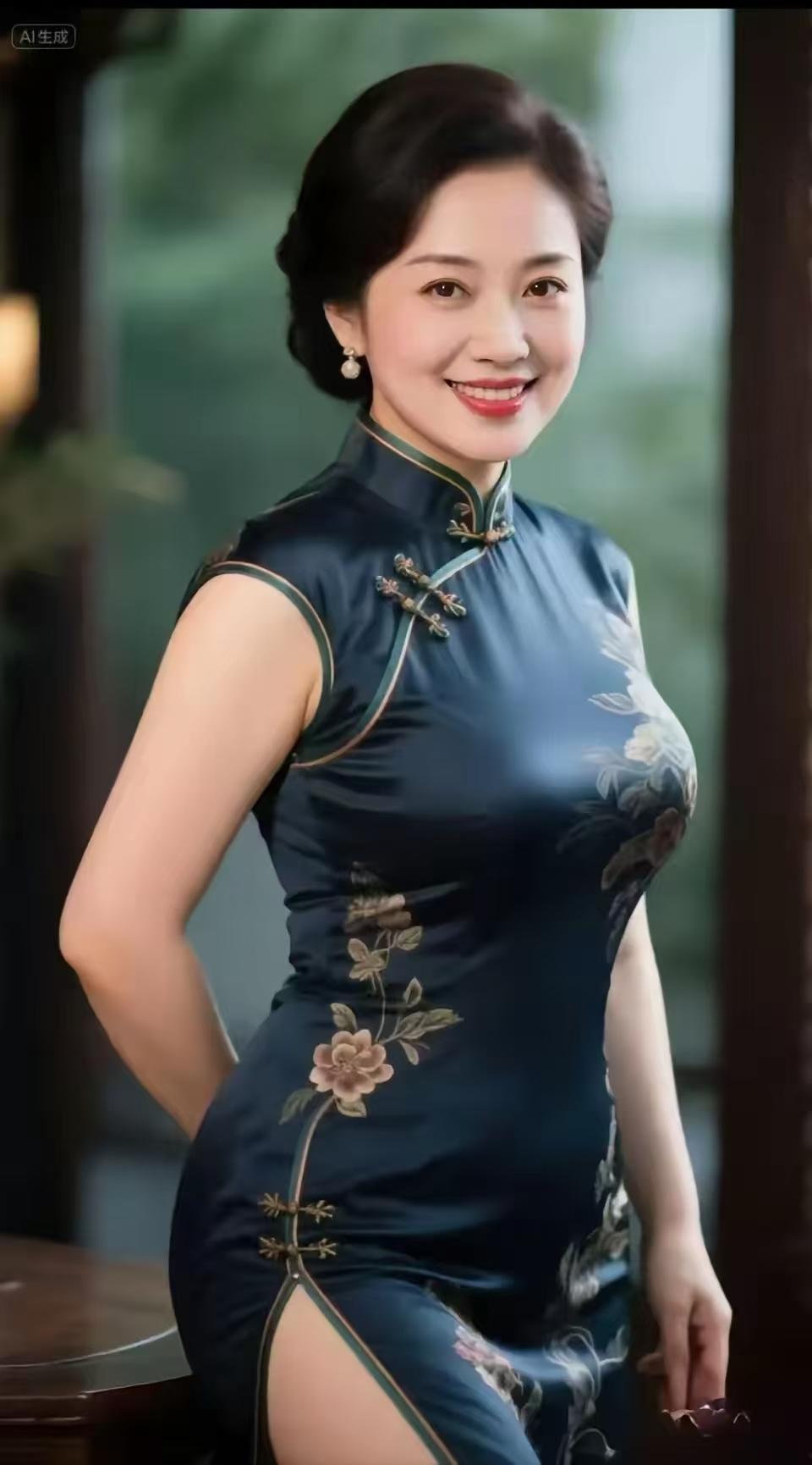 山坡羊·墨缎芳姿
墨绫裁袂，
暗香凝翠，
金扣垂丝添佳致。
珰珠坠，鬓云堆。
唇