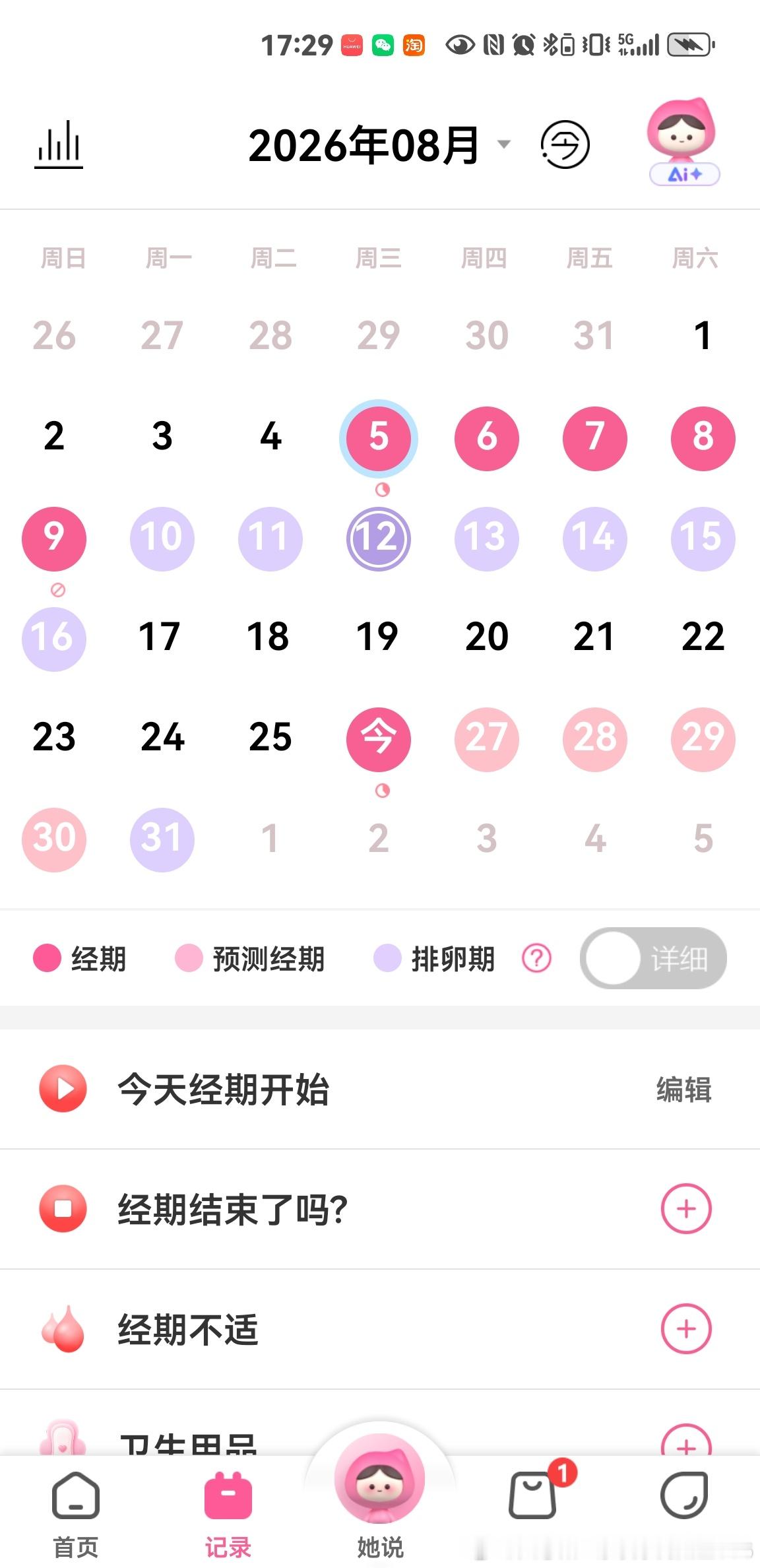 大姨妈第一天。上次8.5第一天，今天8.26又是新一轮第一天。21天的周期。中间