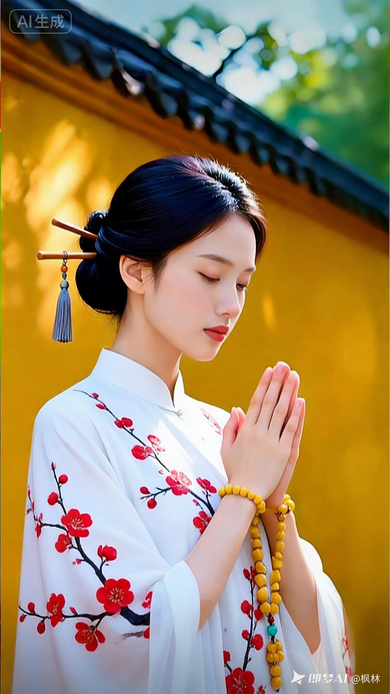 这位姑娘，手拿佛珠双手合十，双目紧闭站在墙边，佛珠和她虔诚的姿态，又给人一种宁静