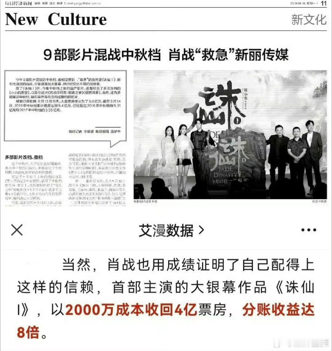 肖战主演电影票房  肖战主演电影《诛仙》20倍回报率，中秋档票房冠军🏆肖战路人