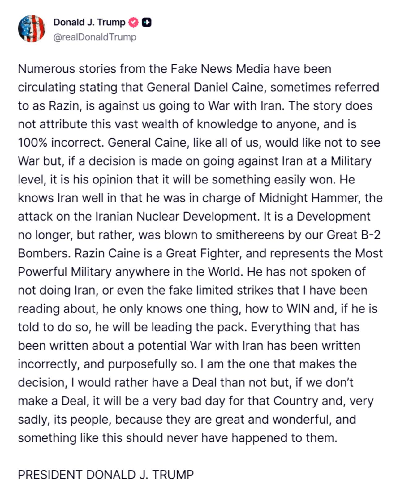 🚨 突发：特朗普总统刚刚驳斥了关于他是否会打击伊朗的假新闻

结论：媒体中没有