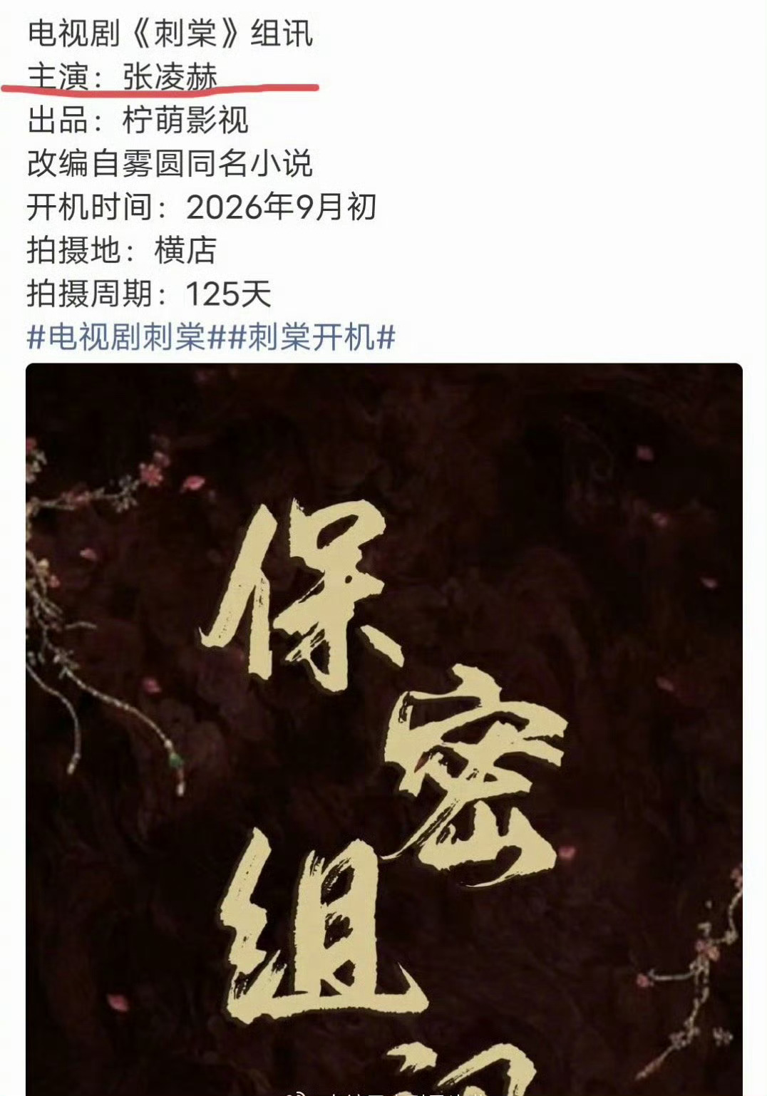 《刺棠》很久之前的组讯就只有张凌赫是确定的，所以是定男选女啊曝刺棠张凌赫单人过会