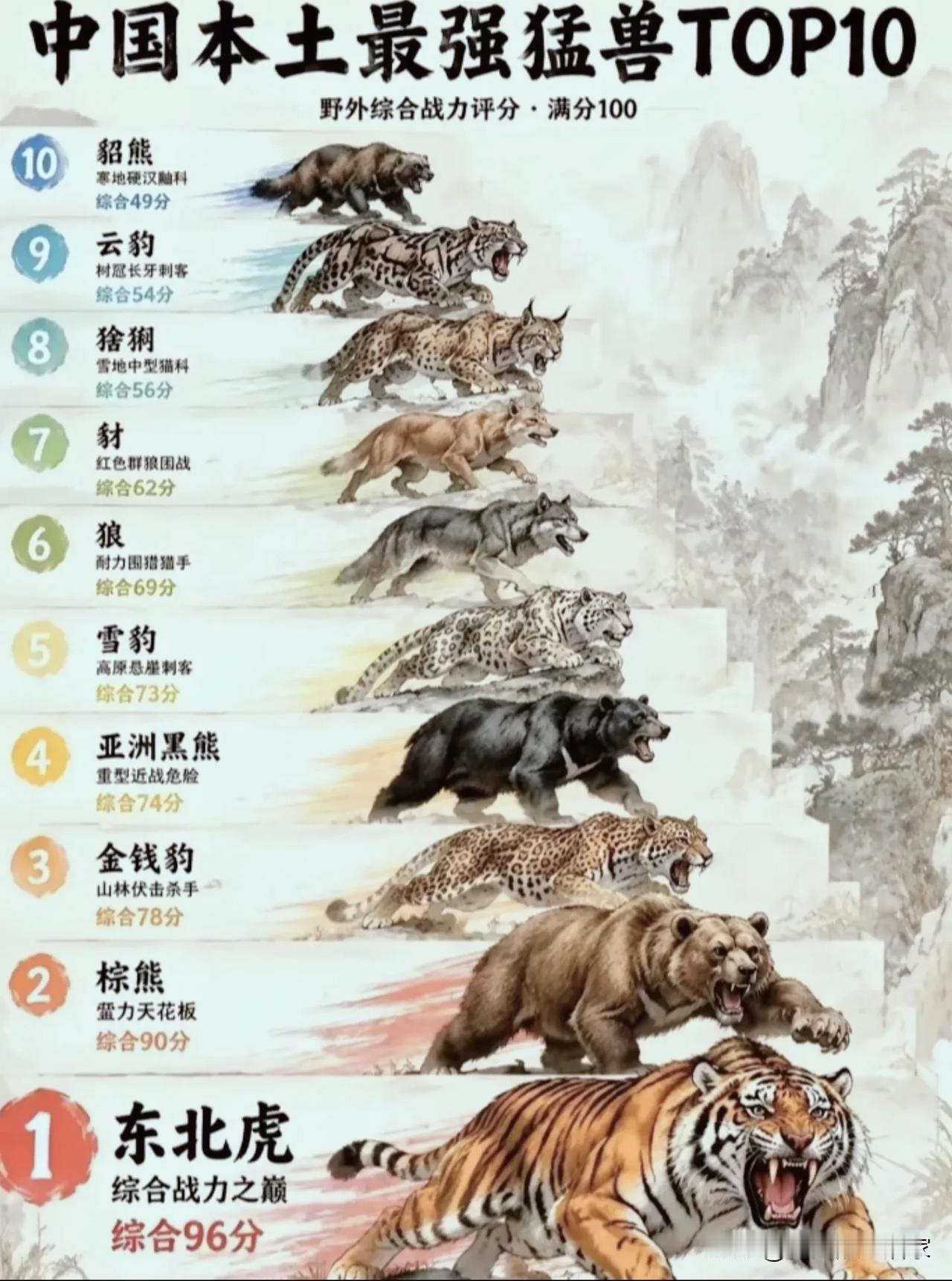 中国本土猛兽战力榜！我要把东北虎🐅排第一，有意见吗？！
 
一份国内本土猛兽T
