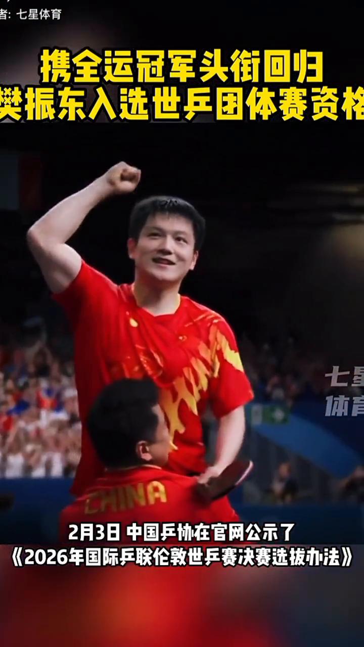 携全运冠军头街回归，樊振东入选世乒团体赛资格。
2月3日中国乒协在官网公示了《2
