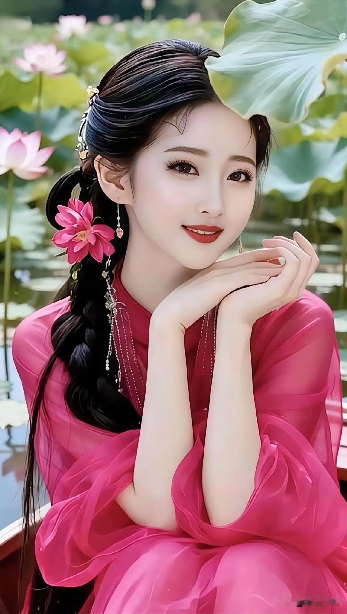 粉色古风少女，荷花池畔的温柔时光