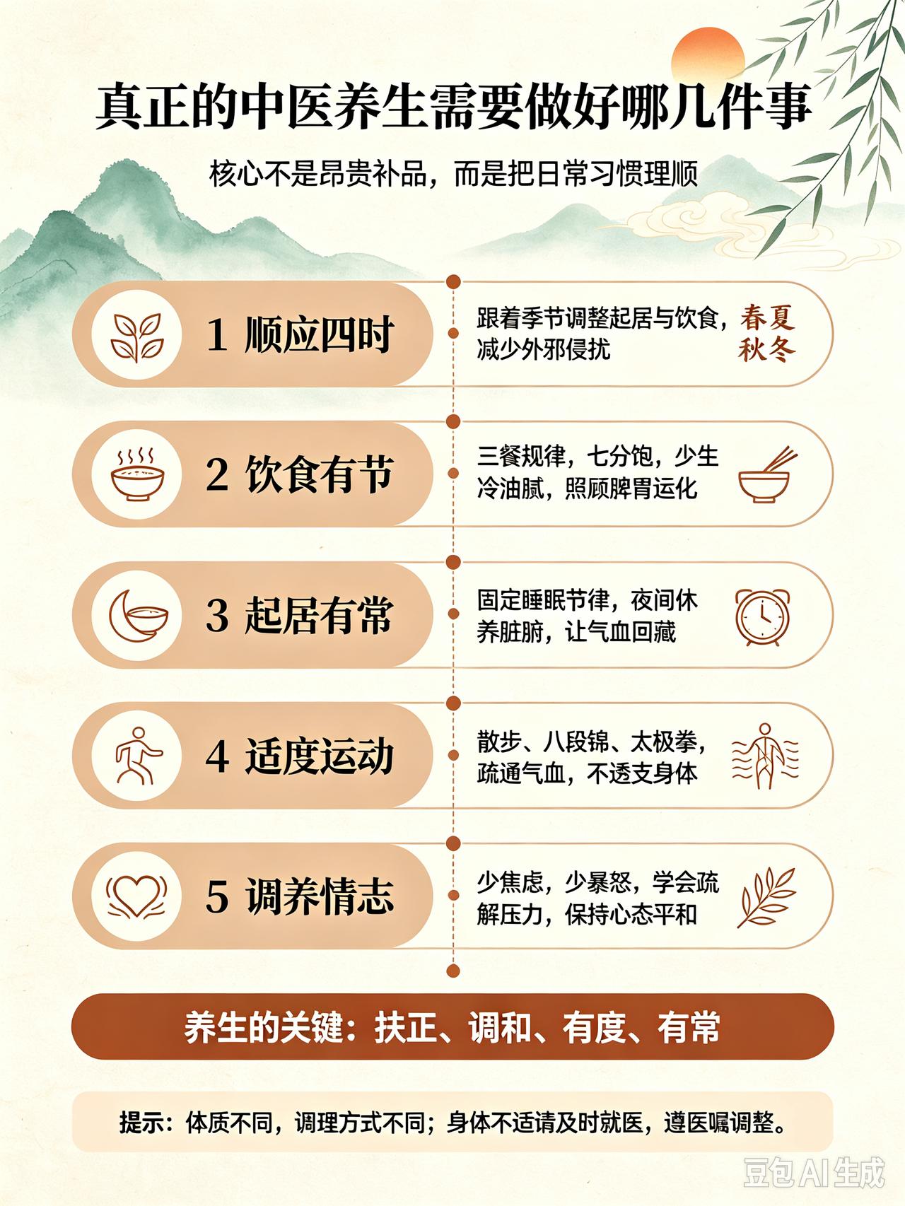 真正的中医养生需要做好哪几件事
 
很多人一提中医养生，第一反应就是买补品、喝药