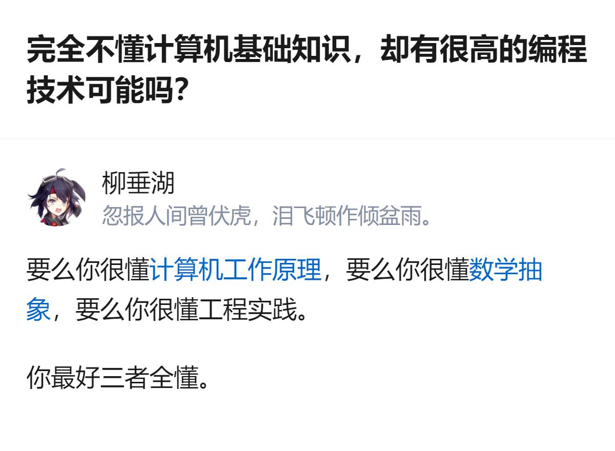 从现有信息看，想有高编程技术，要么得懂计算机工作原理，要么懂数学抽象，要么懂工程