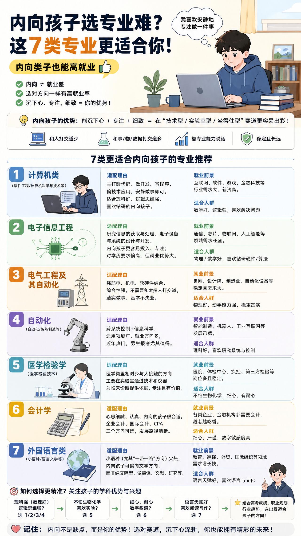 内向并非短板，沉心细致是独特优势。这里推荐7类适配专业：计算机、电子信息、电气自